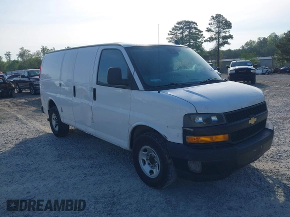 2021 Chevrolet Express Cargo Van with VIN 1GCWGAFP0M1206242, listed as a IAAI auction lot 42043866 with 148,087 mi miles. Bid and sale history available at carsss.com. Image 1.