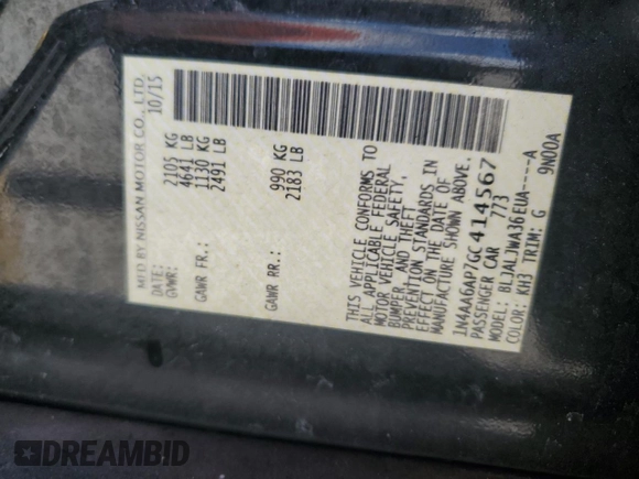 2016 Nissan Maxima SV with VIN 1N4AA6AP7GC414567, listed as a Copart auction lot 60862185 with 139,282 mi miles and Salvage title. Bid and sale history available at DreamBid. Image 13.