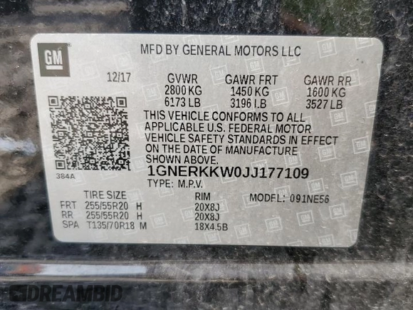 2018 Chevrolet Traverse Premier with VIN 1GNERKKW0JJ177109, listed as a Copart auction lot 61744104 with 135,533 mi miles and Salvage Title. Bid and sale history available at carsss.com. Image 15.