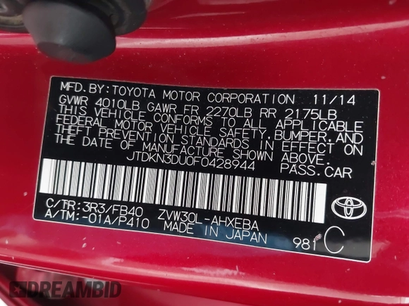 2015 Toyota Prius Four with VIN JTDKN3DU0F0428944, listed as a IAAI auction lot 42043343 with 166,843 mi miles. Bid and sale history available at carsss.com. Image 9.