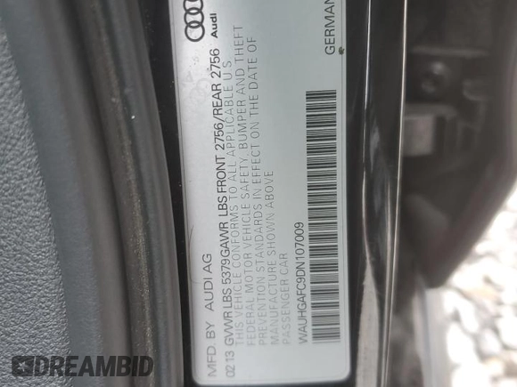 2013 Audi A6 3.0T Prestige with VIN WAUHGAFC9DN107009, listed as a Copart auction lot 87405474 with 124,171 mi miles and Salvage Title. Bid and sale history available at carsss.com. Image 14.