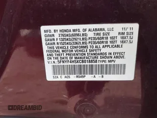 2012 Honda Pilot EX-L with VIN 5FNYF4H5XCB018858, listed as a IAAI auction lot 41757706 with 175,235 mi miles and . Bid and sale history available at carsss.com. Image 9.
