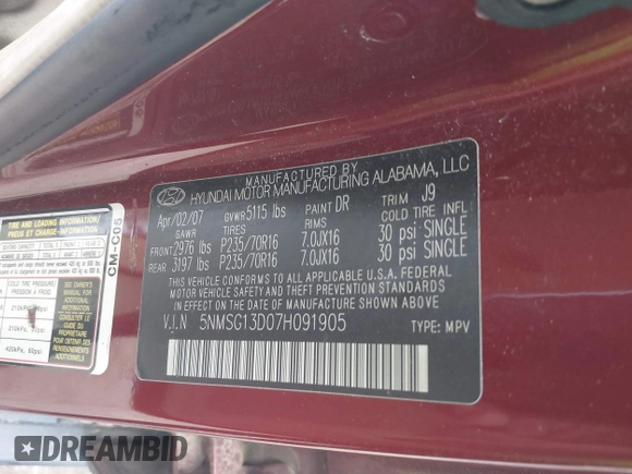 2007 Hyundai Santa Fe GLS with VIN 5NMSG13D07H091905, listed as a IAAI auction lot 42325035 with Not provided miles and . Bid and sale history available at DreamBid. Image 9.