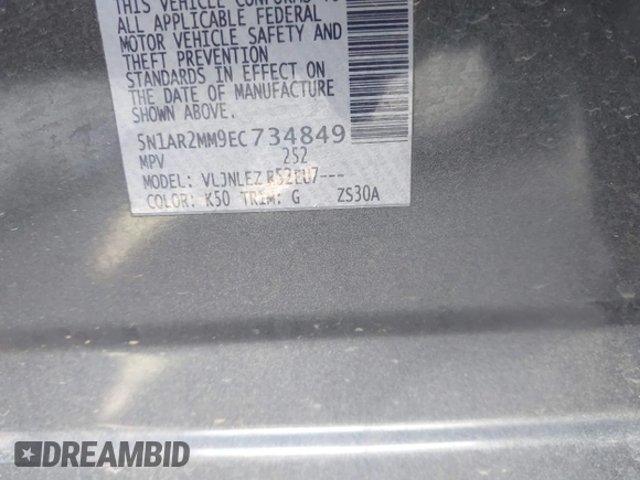2014 Nissan Pathfinder SV z VIN 5N1AR2MM9EC734849, wystawiony jako IAAI lot #41361068 z przebiegiem 139 903 mil mil oraz . Historia ofert i sprzedaży dostępna na DreamBid. Obrazek 9.
