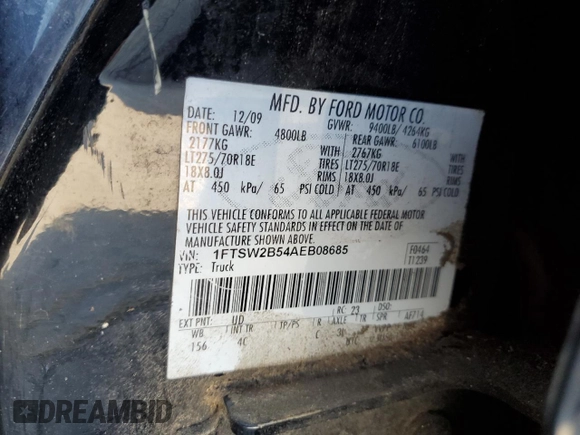 2010 Ford F-250 XL with VIN 1FTSW2B54AEB08685, listed as a Copart auction lot 54236555 with 205,897 mi miles and Salvage title. Bid and sale history available at DreamBid. Image 12.