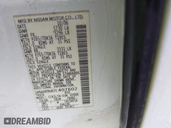 2007 Nissan Frontier SE z VIN 1N6AD09U67C407602, wystawiony jako IAAI lot #42405830 z przebiegiem Nie podano mil oraz . Historia ofert i sprzedaży dostępna na DreamBid. Obrazek 9.