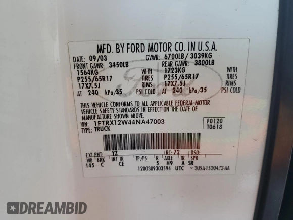 2004 Ford F-150 STX с VIN 1FTRX12W44NA47003, выставлен на аукционе Copart как лот 61133075 с пробегом 258 417 миль миль и Списание • Salvage title. История ставок и продаж доступна на DreamBid. Изображение 12.