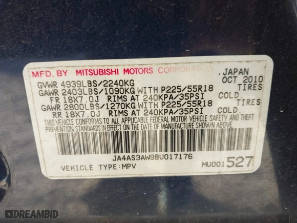 2011 Mitsubishi Outlander SE with VIN JA4AS3AW9BU017176, listed as a IAAI auction lot 41225424 with 188,497 mi miles. Bid and sale history available at carsss.com. Image 9.