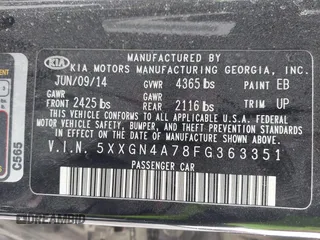2015 Kia Optima EX with VIN 5XXGN4A78FG363351, listed as a IAAI auction lot 41829791 with 126,501 mi miles. Bid and sale history available at carsss.com. Image 9.