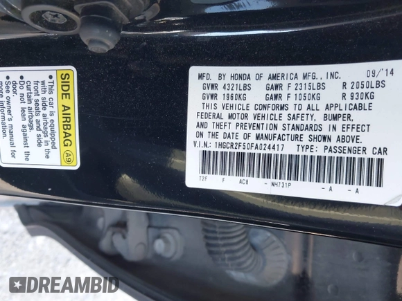 2015 Honda Accord Sport with VIN 1HGCR2F50FA024417, listed as a IAAI auction lot 42029652 with 150,888 mi miles and . Bid and sale history available at DreamBid. Image 9.