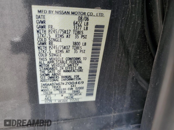 2007 Nissan Titan XE with VIN 1N6AA07A67N200469, listed as a Copart auction lot 52121955 with 176,103 mi miles and Salvage Title. Bid and sale history available at DreamBid. Image 12.