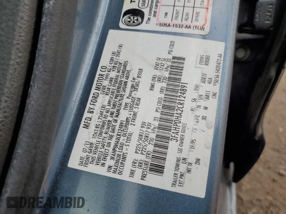 2012 Ford Fusion SE with VIN 3FAHP0HA2CR124891, listed as a Copart auction lot 76113714 with 184,628 mi miles and Salvage title. Bid and sale history available at DreamBid. Image 12.