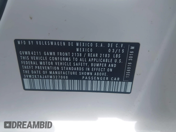 2015 Volkswagen Jetta S z VIN 3VW2K7AJ4FM327068, wystawiony jako IAAI lot #42610853 z przebiegiem 150 636 mil mil oraz . Historia ofert i sprzedaży dostępna na DreamBid. Obrazek 9.