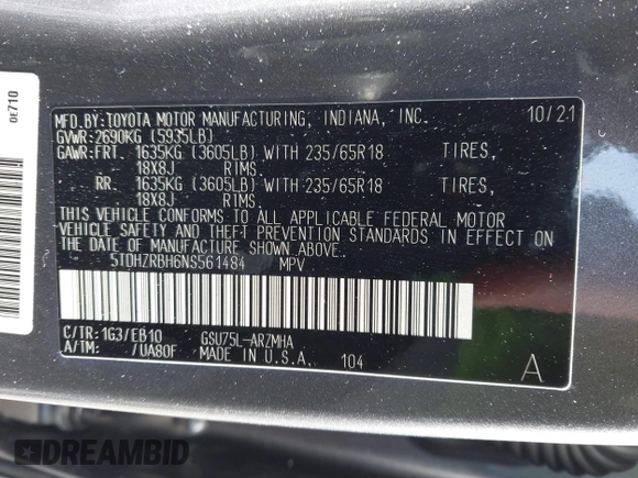2022 Toyota Highlander XLE with VIN 5TDHZRBH6NS561484, listed as a IAAI auction lot 41938305 with 32,450 mi miles and . Bid and sale history available at DreamBid. Image 9.