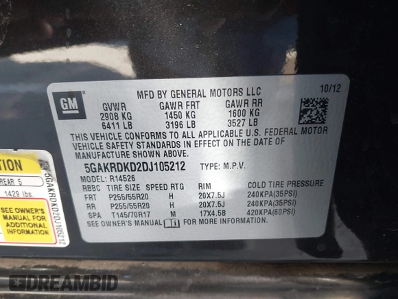 2013 Buick Enclave Premium with VIN 5GAKRDKD2DJ105212, listed as a IAAI auction lot 41742783 with 191,755 mi miles and . Bid and sale history available at DreamBid. Image 9.