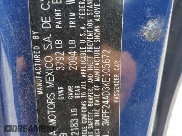 2019 Kia Forte LXS with VIN 3KPF24AD3KE105672, listed as a Copart auction lot 61231485 with 123,893 mi miles and Salvage title. Bid and sale history available at DreamBid. Image 12.