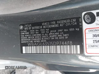 2005 BMW 7 Series with VIN WBAGL63515DP74478, listed as a IAAI auction lot 41801754 with 132,789 mi miles and . Bid and sale history available at DreamBid. Image 9.
