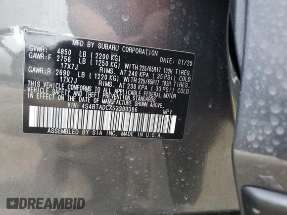 2025 Subaru Outback Premium z VIN 4S4BTADCXS3203386, wystawiony jako Copart lot #53794725 z przebiegiem 801 mil mil oraz Szkoda całkowita • Salvage title. Historia ofert i sprzedaży dostępna na DreamBid. Obrazek 13.