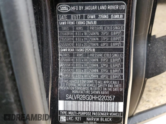 2017 Land Rover Range Rover Evoque HSE with VIN SALVR2BG0HH220357, listed as a Copart auction lot 44609415 with 118,110 mi miles and Clean Title. Bid and sale history available at carsss.com. Image 14.