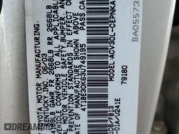 2003 Toyota Camry LE с VIN 4T1BE30K63U749195, выставлен на аукционе Copart как лот 58865575 с пробегом 225 289 миль миль и Чистый • Clean title. История ставок и продаж доступна на DreamBid. Изображение 12.