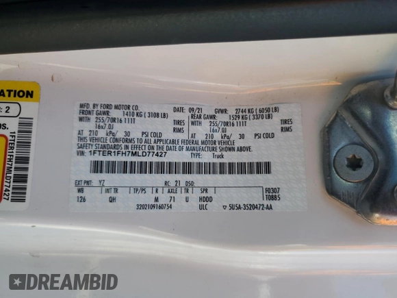 2021 Ford Ranger XL with VIN 1FTER1FH7MLD77427, listed as a Copart auction lot 55785745 with 79,323 mi miles and Salvage title. Bid and sale history available at DreamBid. Image 12.