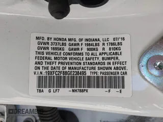 2016 Honda Civic Sedan EX with VIN 19XFC2F88GE238495, listed as a IAAI auction lot 41856415 with 178,617 mi miles. Bid and sale history available at carsss.com. Image 9.