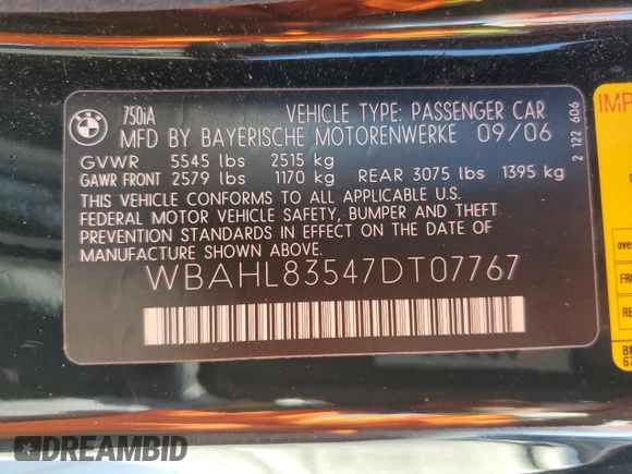 2007 BMW 7 Series 750i с VIN WBAHL83547DT07767, выставлен на аукционе Copart как лот 56233895 с пробегом 141 455 миль миль и Списание • Salvage title. История ставок и продаж доступна на DreamBid. Изображение 12.