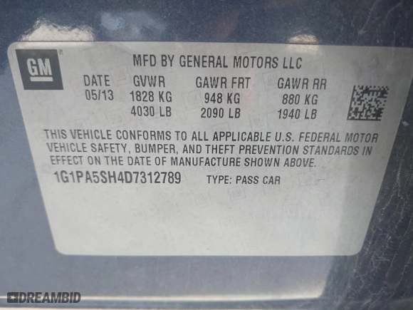 2013 Chevrolet Cruze LS with VIN 1G1PA5SH4D7312789, listed as a IAAI auction lot 41948971 with 119,725 mi miles. Bid and sale history available at carsss.com. Image 9.