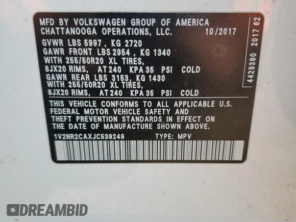 2018 Volkswagen Atlas SEL Premium z VIN 1V2NR2CAXJC539249, wystawiony jako Copart lot #55992035 z przebiegiem 132 814 mil mil oraz Szkoda całkowita • Salvage title. Historia ofert i sprzedaży dostępna na DreamBid. Obrazek 12.