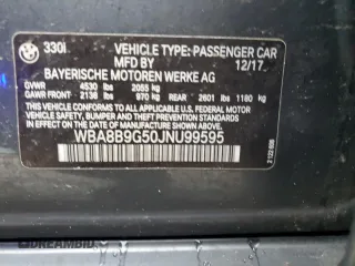 2018 BMW 3 Series 330i with VIN WBA8B9G50JNU99595, listed as a Copart auction lot 44597805 with Not provided miles and Salvage title. Bid and sale history available at DreamBid. Image 14.