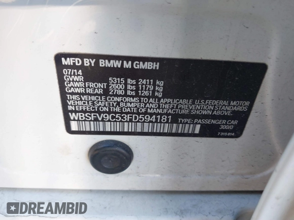 2015 BMW M5 z VIN WBSFV9C53FD594181, wystawiony jako IAAI lot #41761355 z przebiegiem Nie podano mil oraz . Historia ofert i sprzedaży dostępna na DreamBid. Obrazek 9.