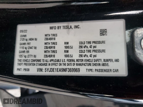2022 Tesla Model 3 with VIN 5YJ3E1EA9NF369969, listed as a Copart auction lot 53670175 with 93,002 mi miles and Clean Title. Bid and sale history available at carsss.com. Image 12.