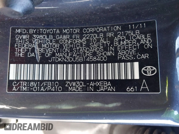 2011 Toyota Prius I z VIN JTDKN3DU5B1458400, wystawiony jako IAAI lot #42244466 z przebiegiem Nie podano mil oraz . Historia ofert i sprzedaży dostępna na DreamBid. Obrazek 9.