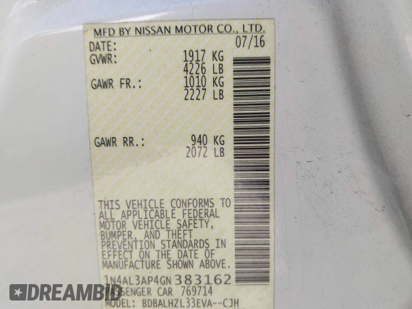 2016 Nissan Altima S with VIN 1N4AL3AP4GN383162, listed as a IAAI auction lot 41847306 with 120,946 mi miles and . Bid and sale history available at DreamBid. Image 9.
