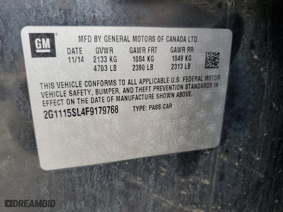 2015 Chevrolet Impala LT with VIN 2G1115SL4F9179768, listed as a Copart auction lot 59074783 with 173,312 mi miles and Salvage Title. Bid and sale history available at carsss.com. Image 14.