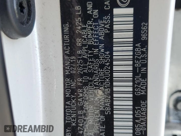2019 Lexus ES 350 with VIN 58ABZ1B10KU024504, listed as a Copart auction lot 61675655 with 35,124 mi miles and Salvage title. Bid and sale history available at DreamBid. Image 12.