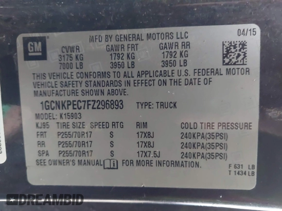 2015 Chevrolet Silverado 1500 Work Truck with VIN 1GCNKPEC7FZ296893, listed as a IAAI auction lot 41480508 with 155,380 mi miles. Bid and sale history available at carsss.com. Image 9.