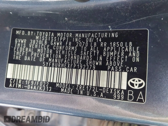 2015 Toyota Corolla L с VIN 5YFBURHEXFP192379, выставлен на аукционе IAAI как лот 41756448 с пробегом 159 112 миль миль и . История ставок и продаж доступна на DreamBid. Изображение 9.