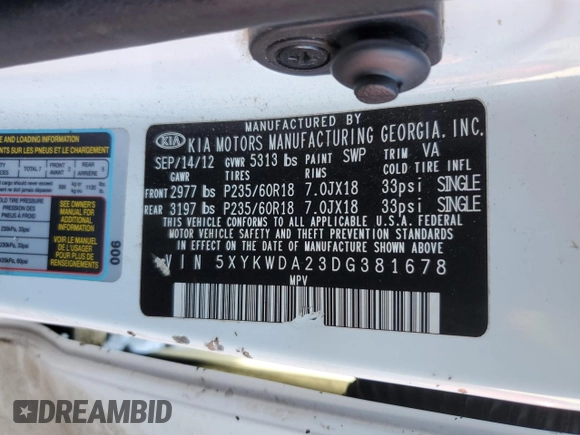 2013 Kia Sorento SX with VIN 5XYKWDA23DG381678, listed as a Copart auction lot 46503395 with 119,364 mi miles and Salvage Title. Bid and sale history available at carsss.com. Image 13.