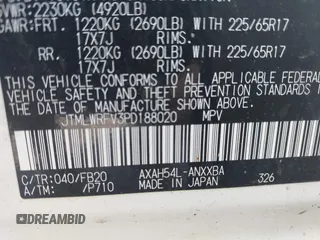2023 Toyota RAV4 Hybrid LE with VIN JTMLWRFV3PD188020, listed as a IAAI auction lot 42424244 with 69,863 mi miles and . Bid and sale history available at DreamBid. Image 9.