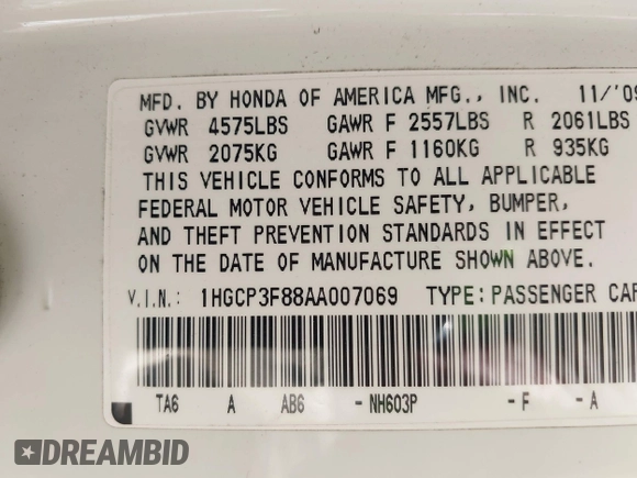 2010 Honda Accord EX-L with VIN 1HGCP3F88AA007069, listed as a IAAI auction lot 41971260 with Not Provided miles and . Bid and sale history available at DreamBid. Image 9.