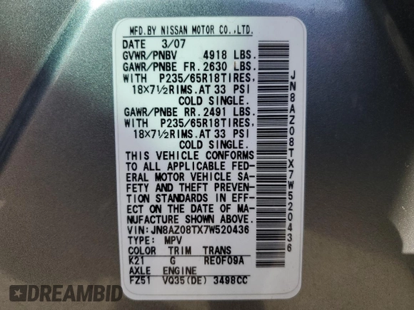 2007 Nissan Murano SL with VIN JN8AZ08TX7W520436, listed as a Copart auction lot 85759104 with 124,874 mi miles and Salvage Title. Bid and sale history available at DreamBid. Image 14.