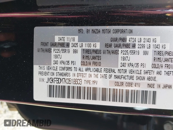 2019 Mazda CX-5 Grand Touring with VIN JM3KFBDM7K0518603, listed as a IAAI auction lot 39185478 with 42,805 mi miles. Bid and sale history available at carsss.com. Image 9.