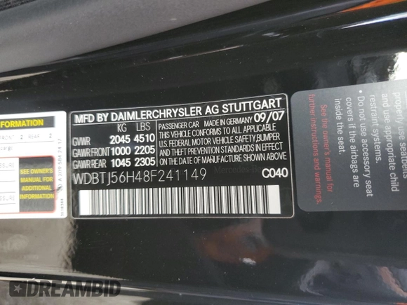 2008 Mercedes-Benz CLK 350 with VIN WDBTJ56H48F241149, listed as a Copart auction lot 43001345 with 39,222 mi miles and Salvage title. Bid and sale history available at DreamBid. Image 12.