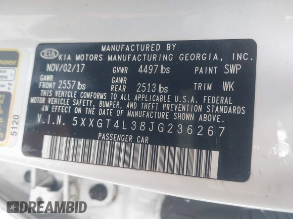 2018 Kia Optima LX with VIN 5XXGT4L38JG236267, listed as a IAAI auction lot 42097216 with 99,308 mi miles and . Bid and sale history available at DreamBid. Image 9.