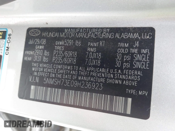 2009 Hyundai Santa Fe Limited with VIN 5NMSH73E09H236923, listed as a IAAI auction lot 42340188 with 68,056 mi miles and . Bid and sale history available at DreamBid. Image 9.