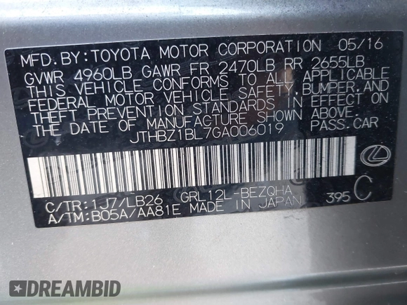 2016 Lexus GS 350 with VIN JTHBZ1BL7GA006019, listed as a IAAI auction lot 41754858 with 108,285 mi miles. Bid and sale history available at carsss.com. Image 9.