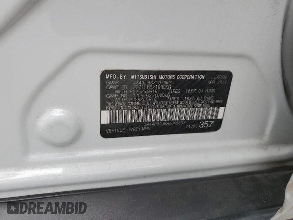 2017 Mitsubishi Outlander ES z VIN JA4AP3AU8HZ049807, wystawiony jako Copart lot #52507835 z przebiegiem 111 480 mil mil oraz Szkoda całkowita • Salvage title. Historia ofert i sprzedaży dostępna na DreamBid. Obrazek 15.