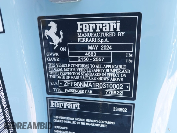 2024 Ferrari SF90 с VIN ZFF96NMA1R0310002, выставлен на аукционе IAAI как лот 41987894 с пробегом 2 044 миль миль и . История ставок и продаж доступна на DreamBid. Изображение 9.