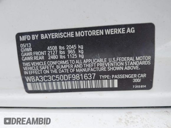 2013 BMW 3 Series 320i xDrive z VIN WBA3C3C50DF981637, wystawiony jako IAAI lot #41834187 z przebiegiem 79 406 mil mil oraz . Historia ofert i sprzedaży dostępna na DreamBid. Obrazek 9.